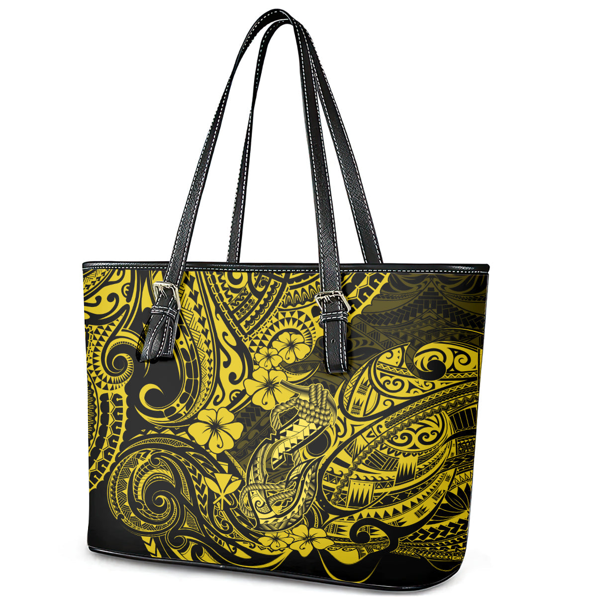 Hawaii Fish Hook Leather Tote Bag Hibiscus Hawaii Tribal Tattoo Yellow Version LT01