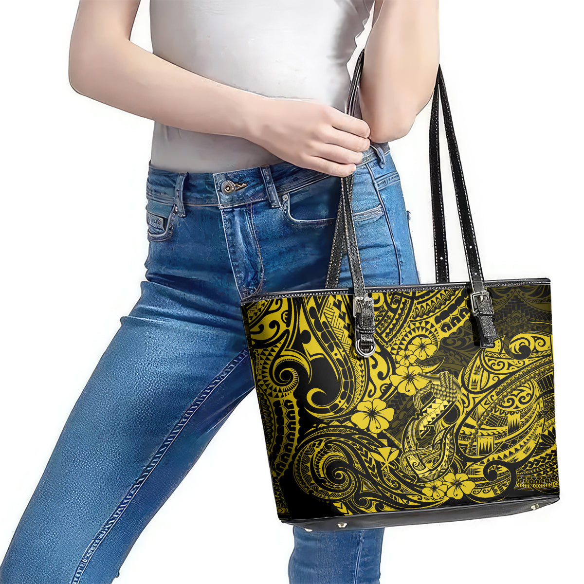 Hawaii Fish Hook Leather Tote Bag Hibiscus Hawaii Tribal Tattoo Yellow Version LT01