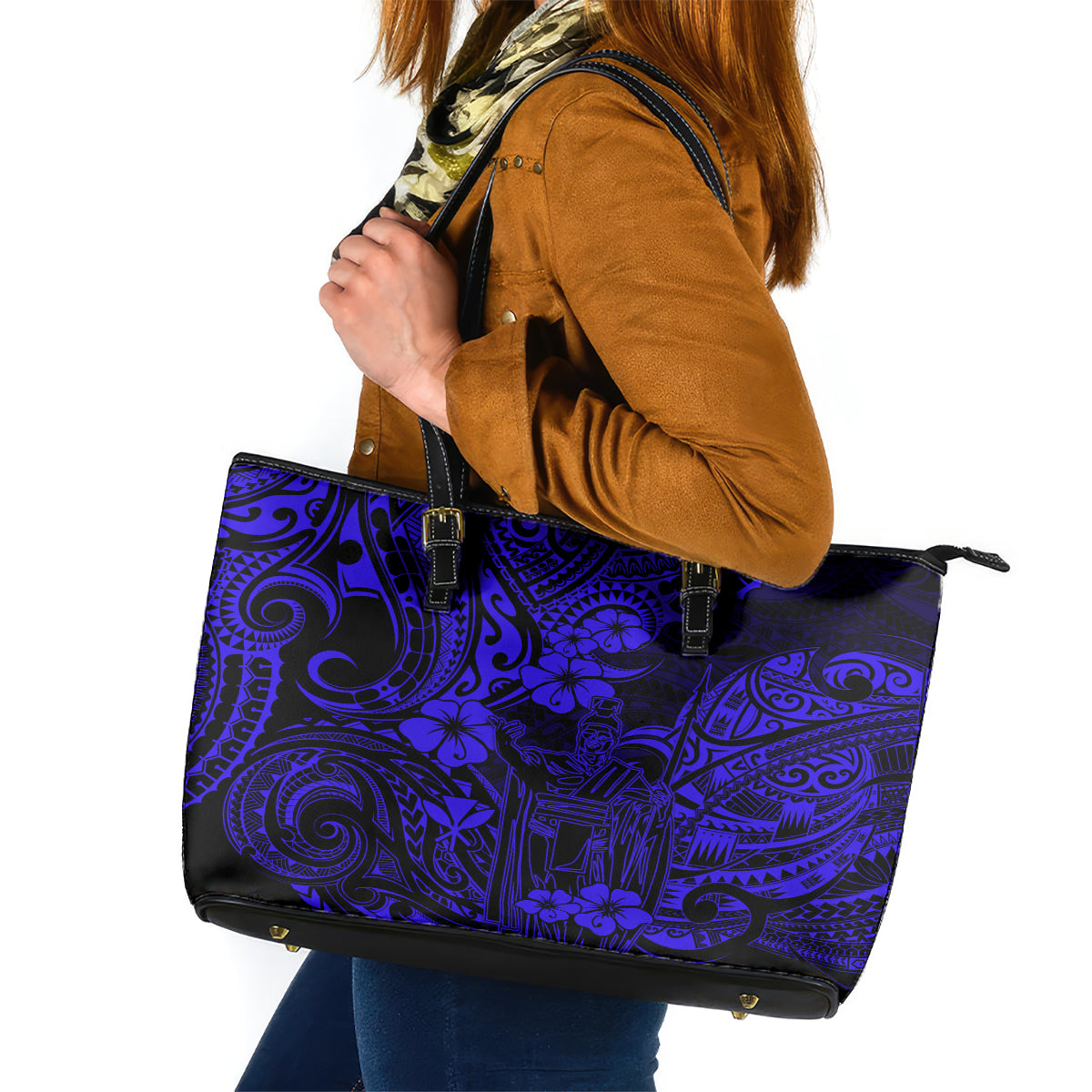 Hawaii King Kamehameha Leather Tote Bag Polynesian Pattern Navy Blue Version LT01