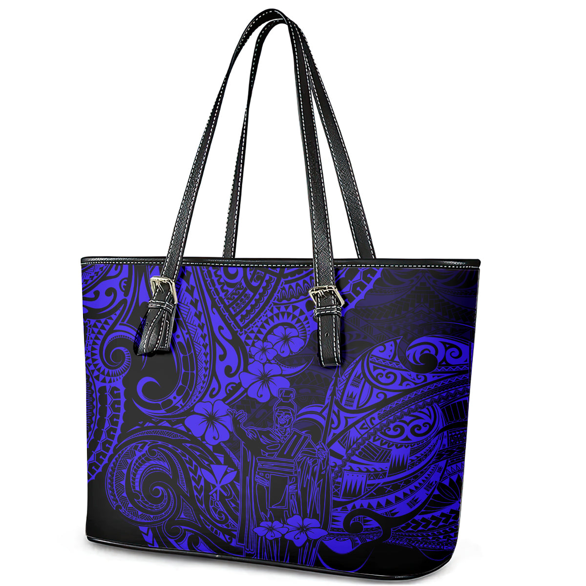 Hawaii King Kamehameha Leather Tote Bag Polynesian Pattern Navy Blue Version LT01