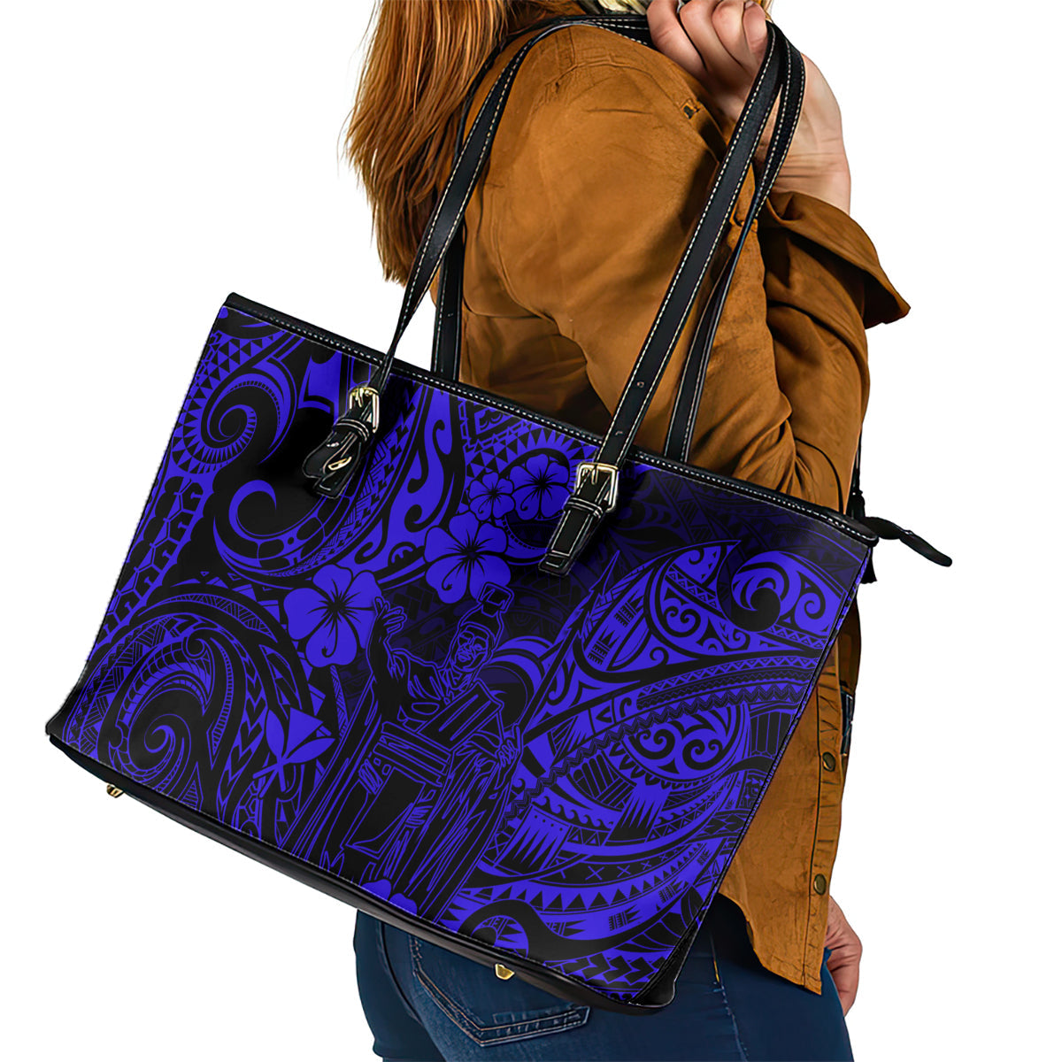 Hawaii King Kamehameha Leather Tote Bag Polynesian Pattern Navy Blue Version LT01
