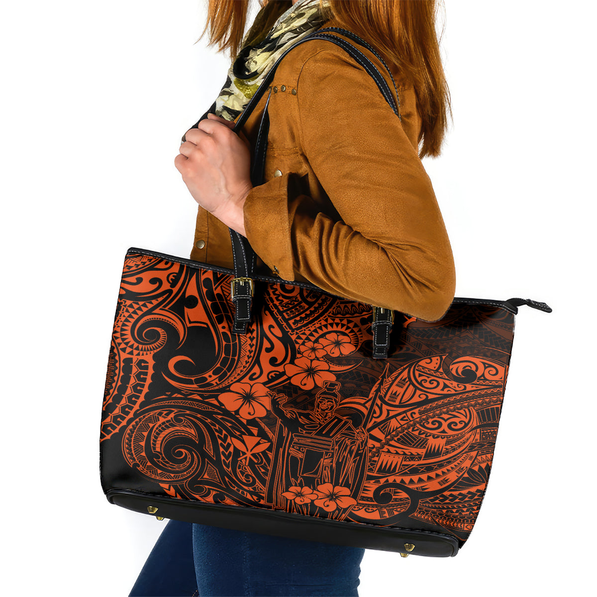 Hawaii King Kamehameha Leather Tote Bag Polynesian Pattern Orange Version LT01