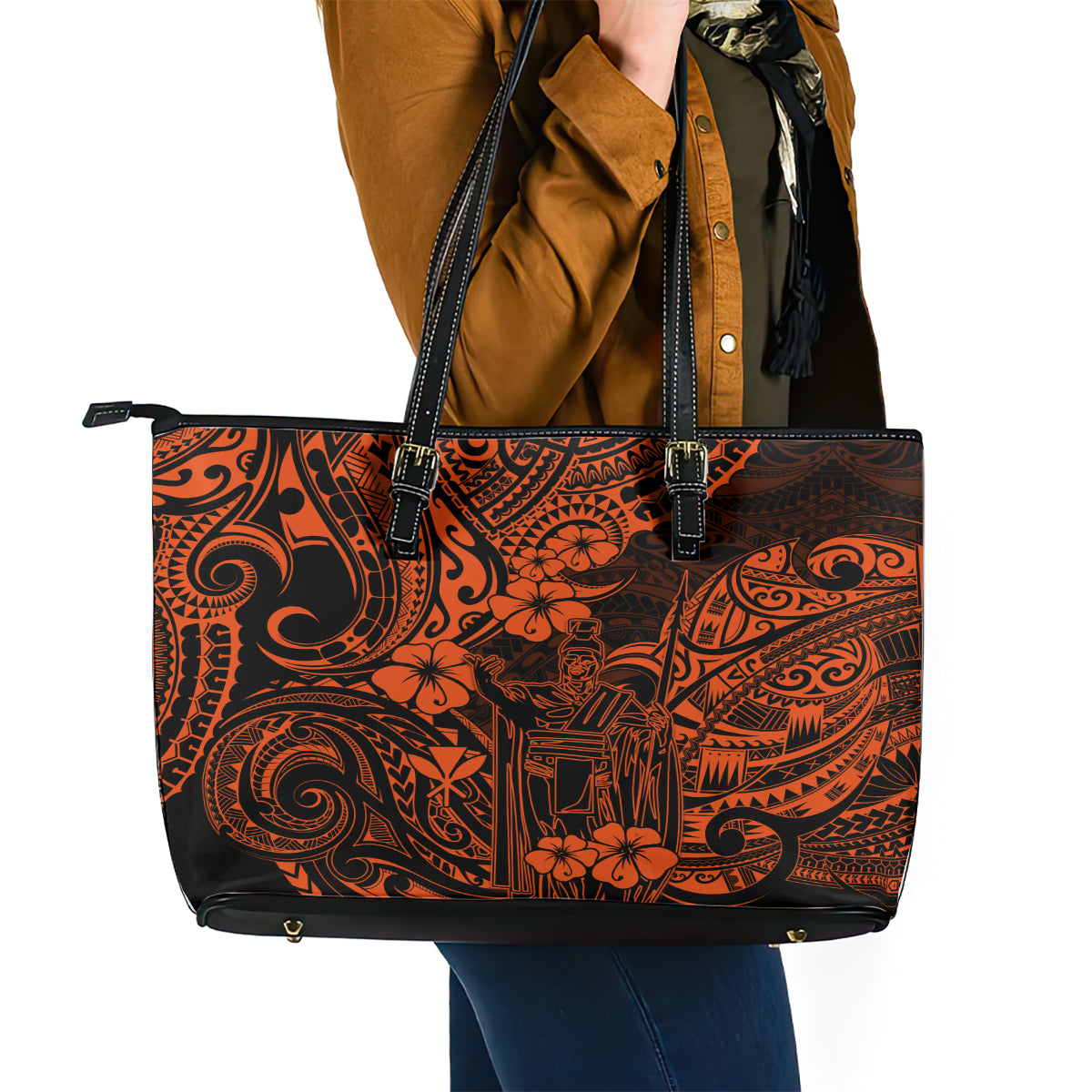 Hawaii King Kamehameha Leather Tote Bag Polynesian Pattern Orange Version LT01