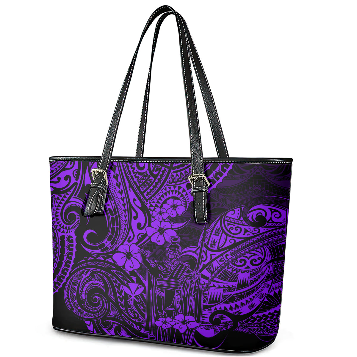 Hawaii King Kamehameha Leather Tote Bag Polynesian Pattern Purple Version LT01