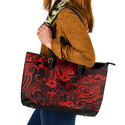 Hawaii King Kamehameha Leather Tote Bag Polynesian Pattern Red Version LT01
