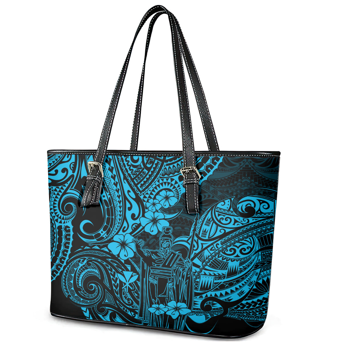 Hawaii King Kamehameha Leather Tote Bag Polynesian Pattern Sky Blue Version LT01