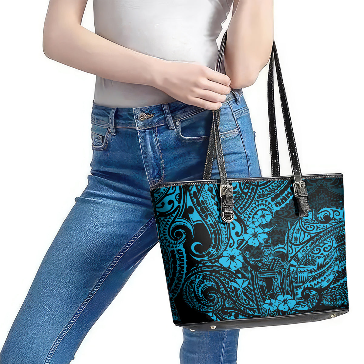 Hawaii King Kamehameha Leather Tote Bag Polynesian Pattern Sky Blue Version LT01