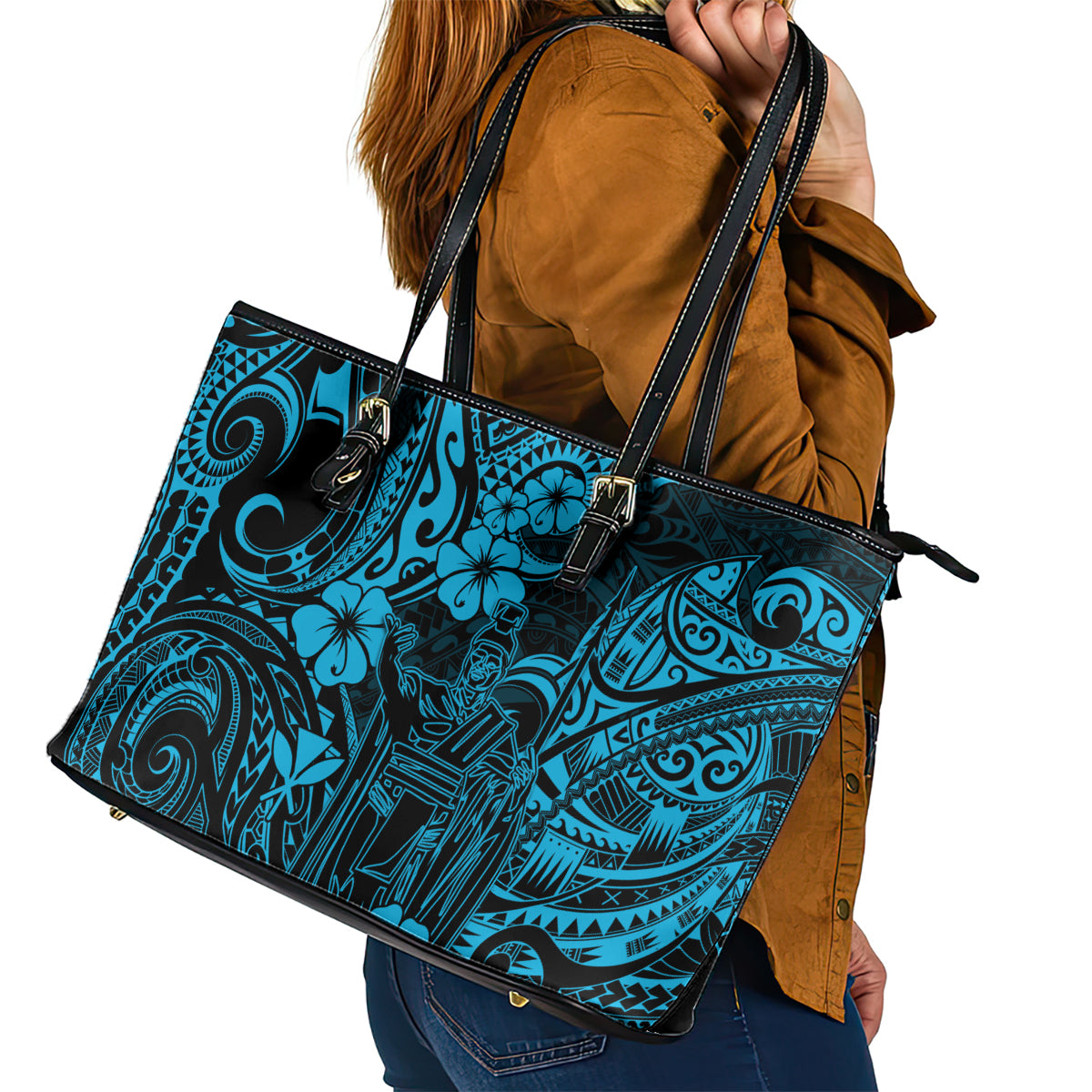 Hawaii King Kamehameha Leather Tote Bag Polynesian Pattern Sky Blue Version LT01