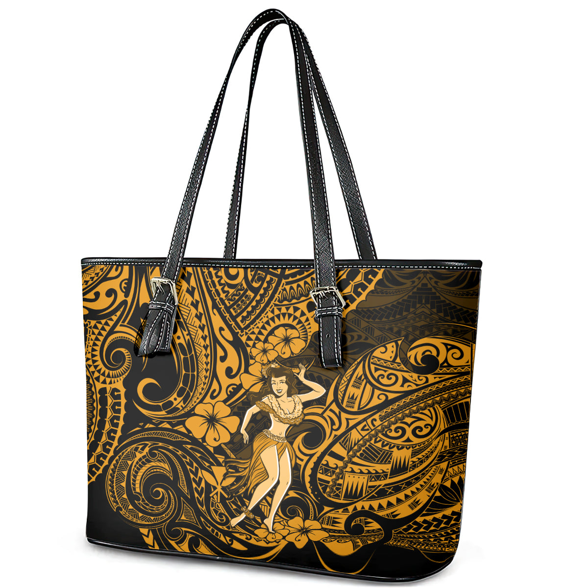 Hawaii Hula Girl Leather Tote Bag Polynesian Pattern Gold Version LT01