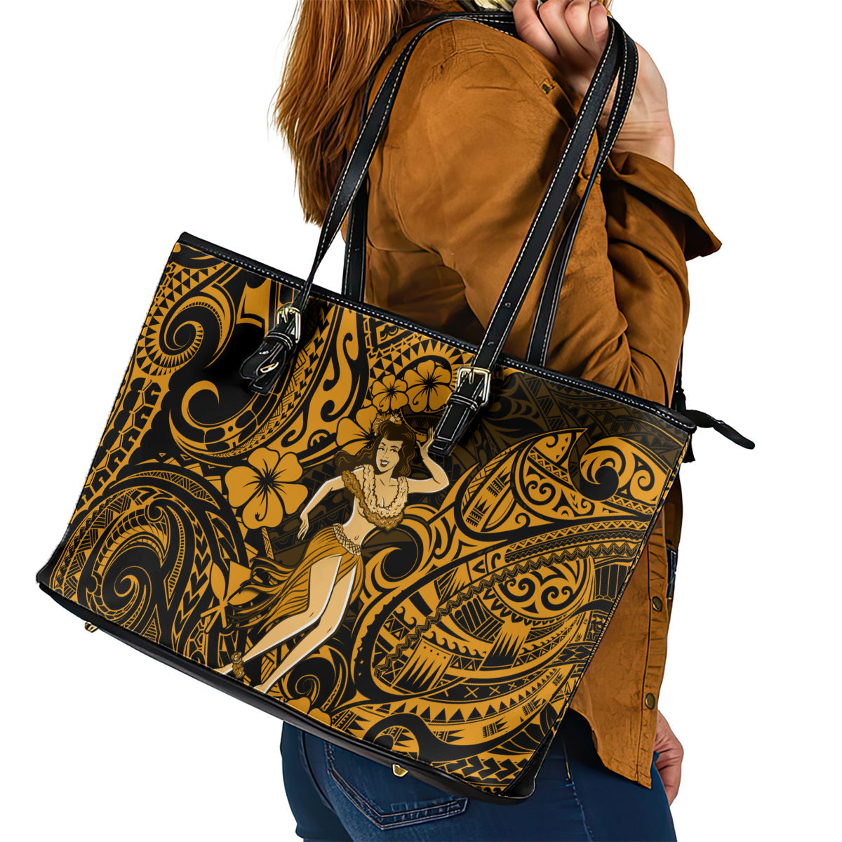 Hawaii Hula Girl Leather Tote Bag Polynesian Pattern Gold Version LT01