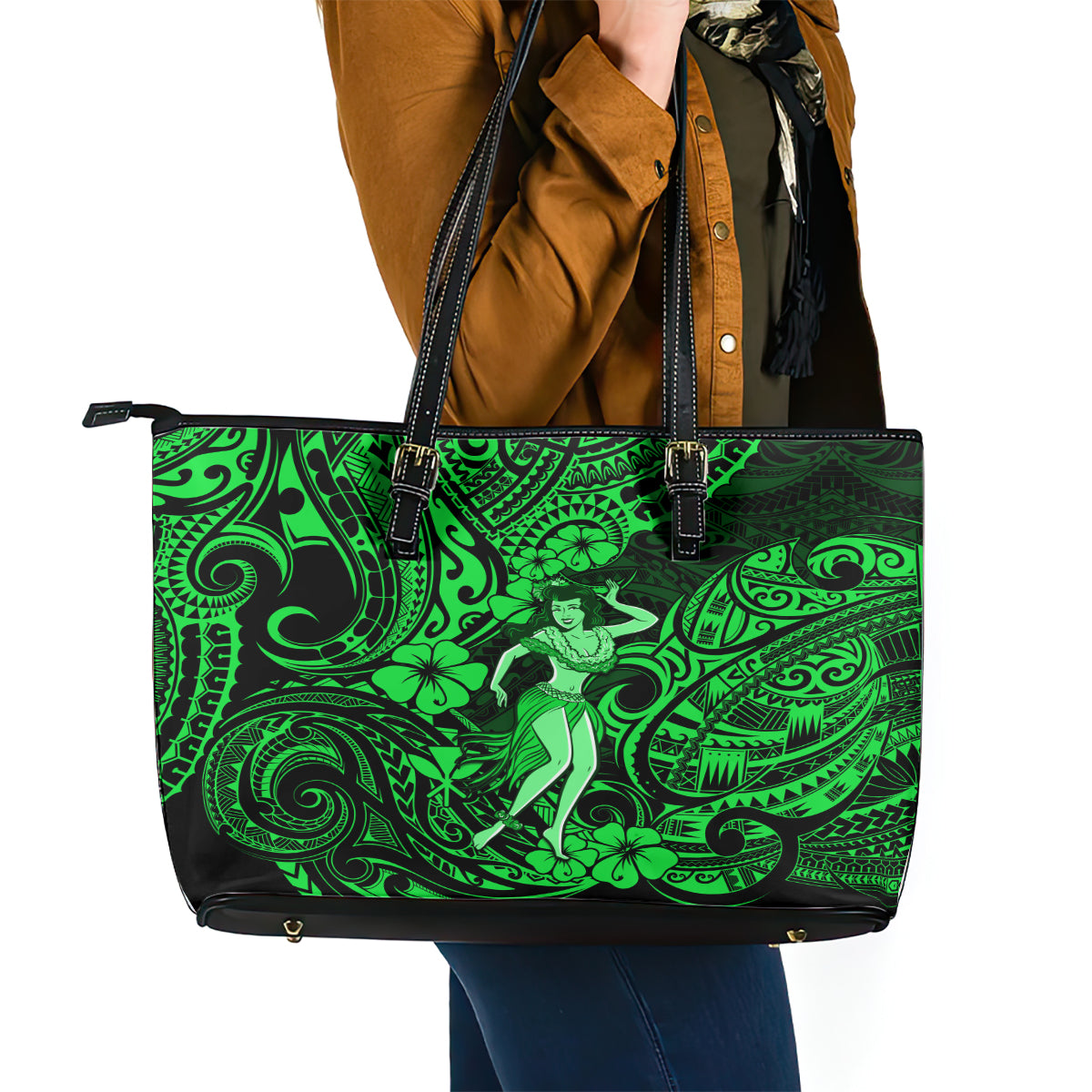 Hawaii Hula Girl Leather Tote Bag Polynesian Pattern Green Version LT01