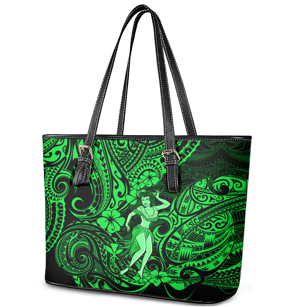 Hawaii Hula Girl Leather Tote Bag Polynesian Pattern Green Version LT01