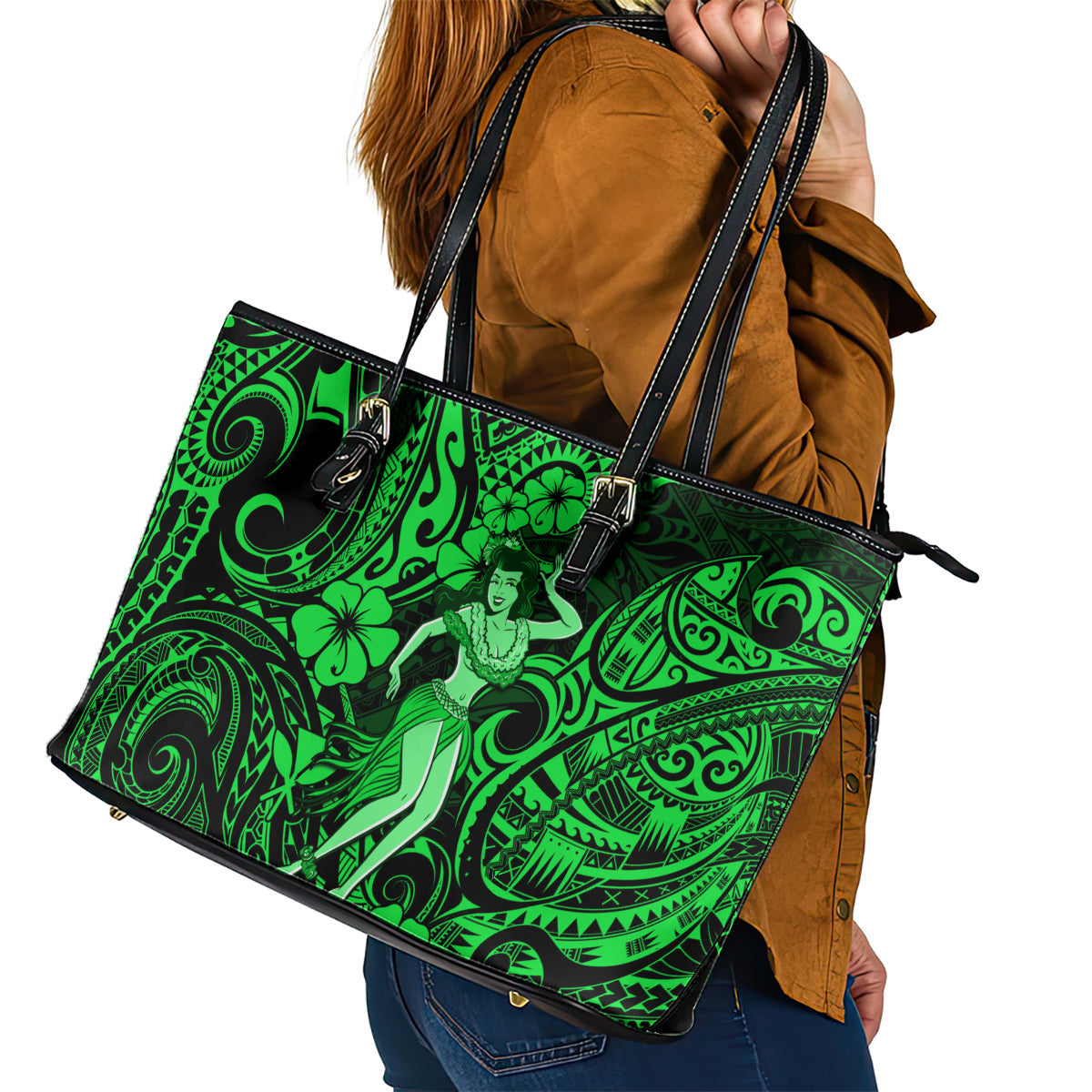 Hawaii Hula Girl Leather Tote Bag Polynesian Pattern Green Version LT01
