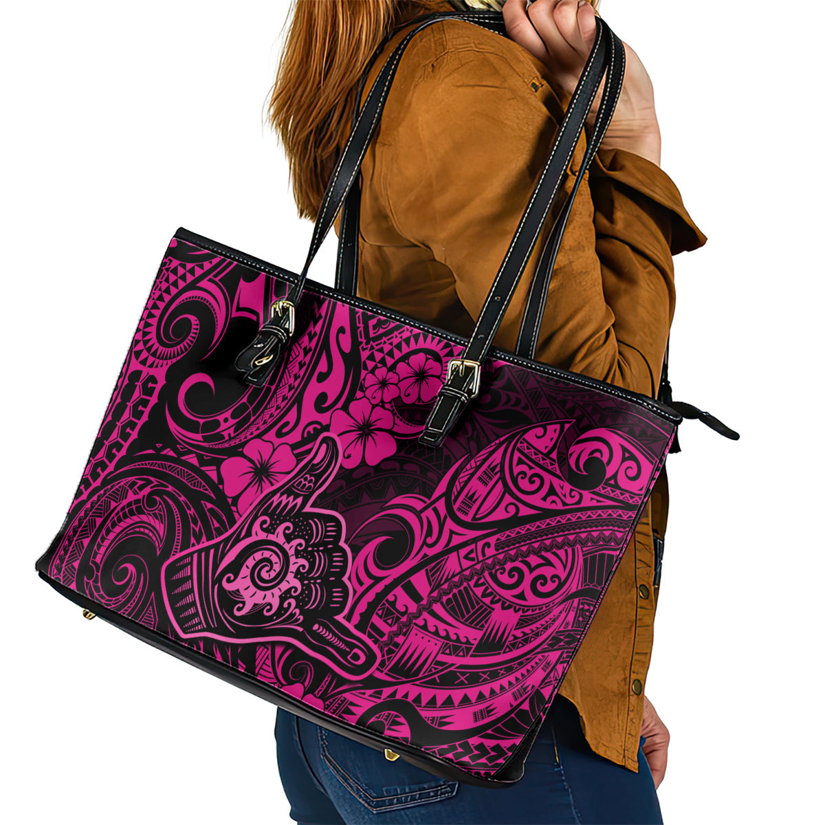 Hawaii Shaka Sign Leather Tote Bag With Polynesian Hibiscus Pink Unique LT01