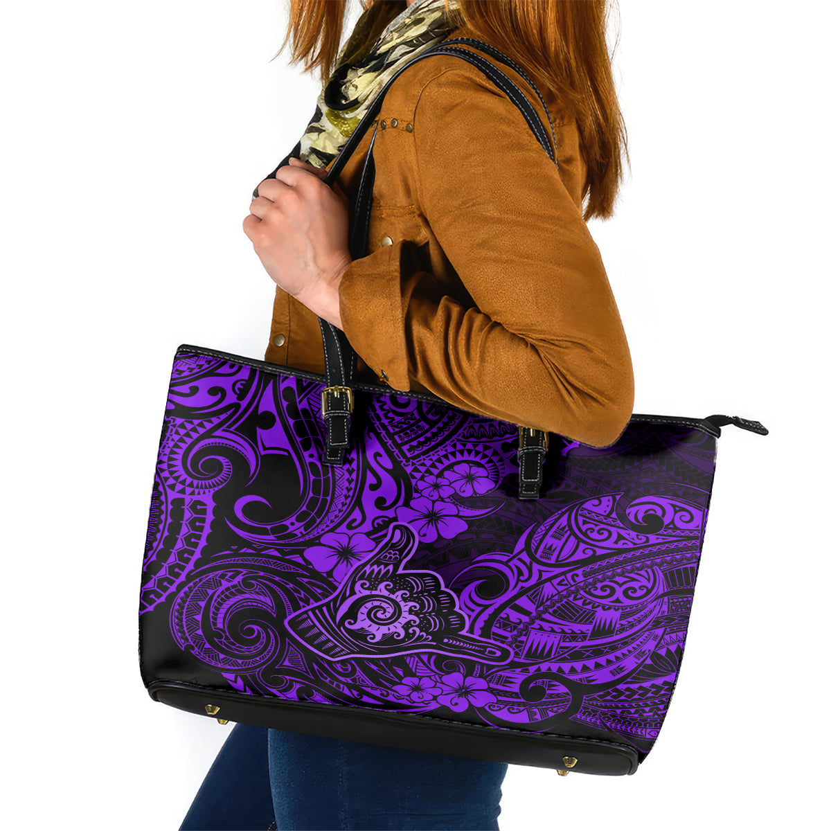 Hawaii Shaka Sign Leather Tote Bag Polynesian Pattern Purple Version LT01