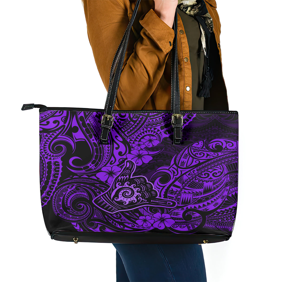 Hawaii Shaka Sign Leather Tote Bag Polynesian Pattern Purple Version LT01