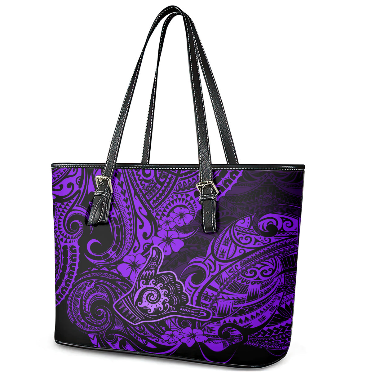 Hawaii Shaka Sign Leather Tote Bag Polynesian Pattern Purple Version LT01
