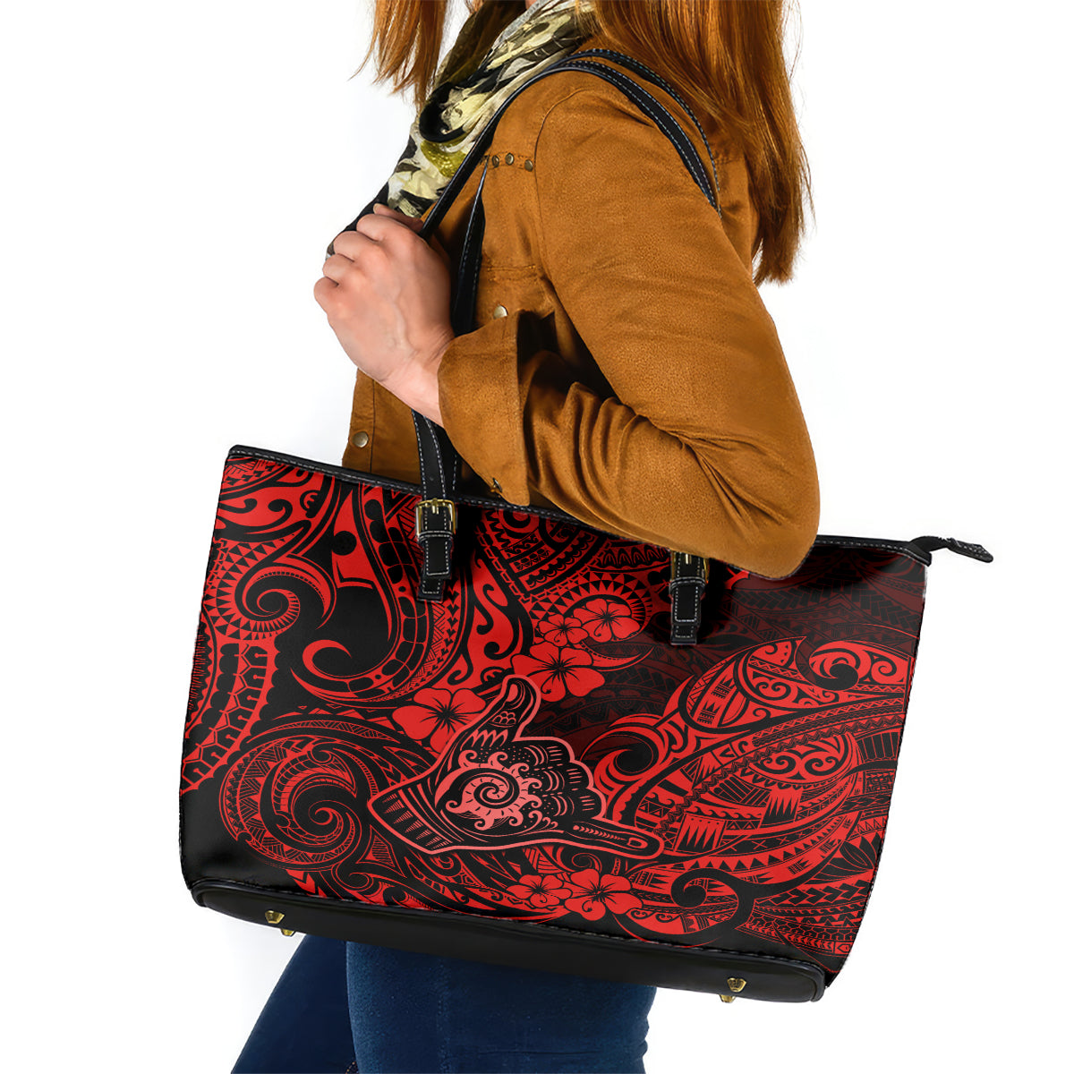 Hawaii Shaka Sign Leather Tote Bag Polynesian Pattern Red Version LT01