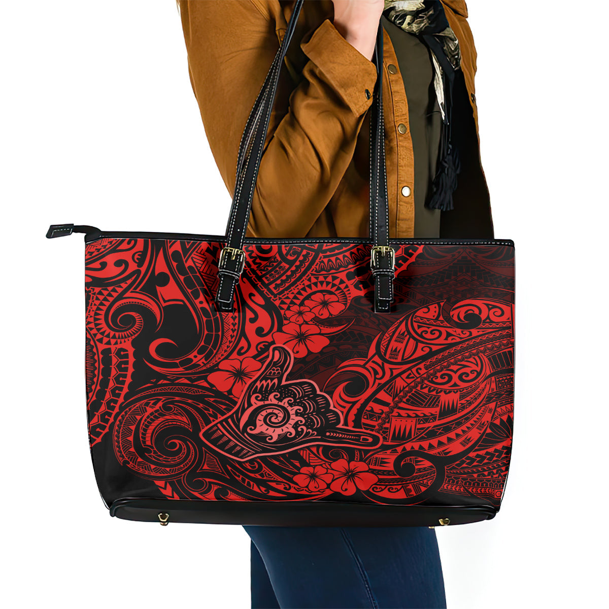 Hawaii Shaka Sign Leather Tote Bag Polynesian Pattern Red Version LT01
