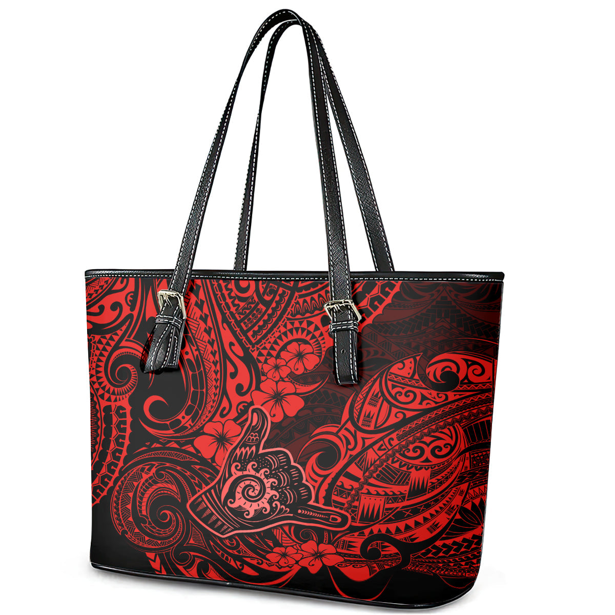 Hawaii Shaka Sign Leather Tote Bag Polynesian Pattern Red Version LT01