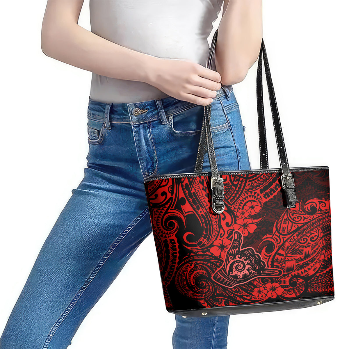 Hawaii Shaka Sign Leather Tote Bag Polynesian Pattern Red Version LT01