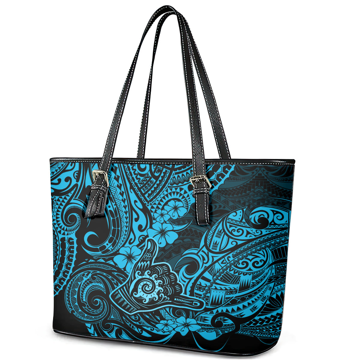 Hawaii Shaka Sign Leather Tote Bag Polynesian Pattern Sky Blue Version LT01