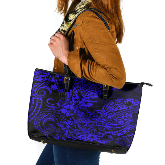 Hawaii Shark Leather Tote Bag Polynesian Pattern Navy Blue Version LT01