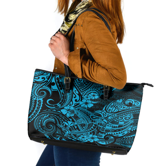 Hawaii Shark Leather Tote Bag Polynesian Pattern Sky Blue Version LT01
