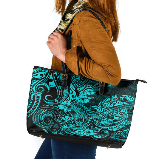 Hawaii Shark Leather Tote Bag Polynesian Pattern Turquoise Version LT01