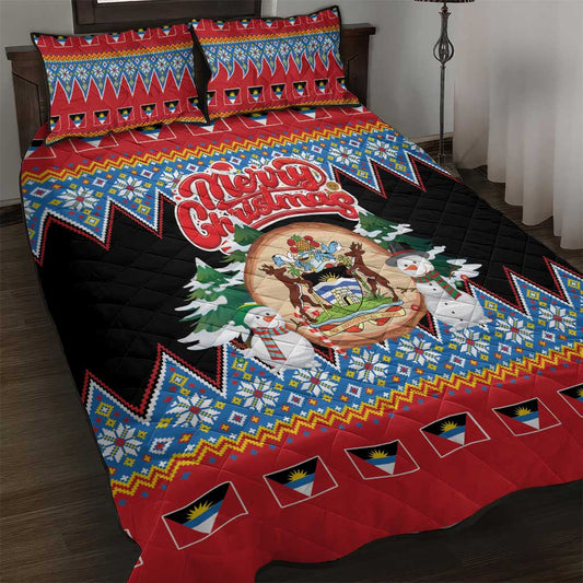 Antigua and Barbuda Christmas Quilt Bed Set Coat Of Arms With Snowman LT01