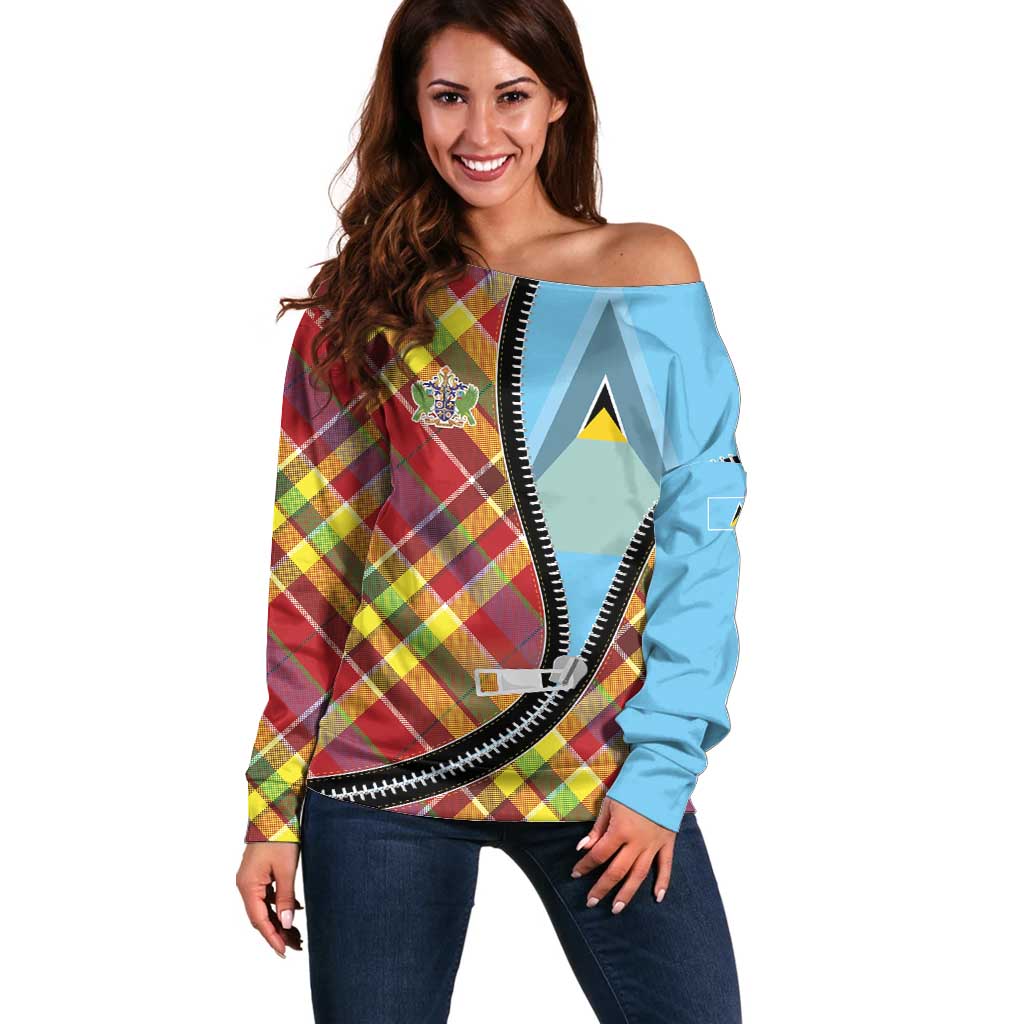 Saint Lucia Creole Day Off Shoulder Sweater Madras Pattern Zipper Stylized LT01