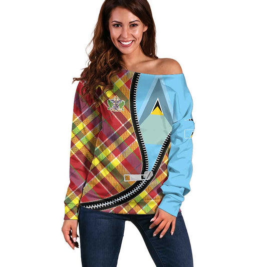 Saint Lucia Creole Day Off Shoulder Sweater Madras Pattern Zipper Stylized LT01