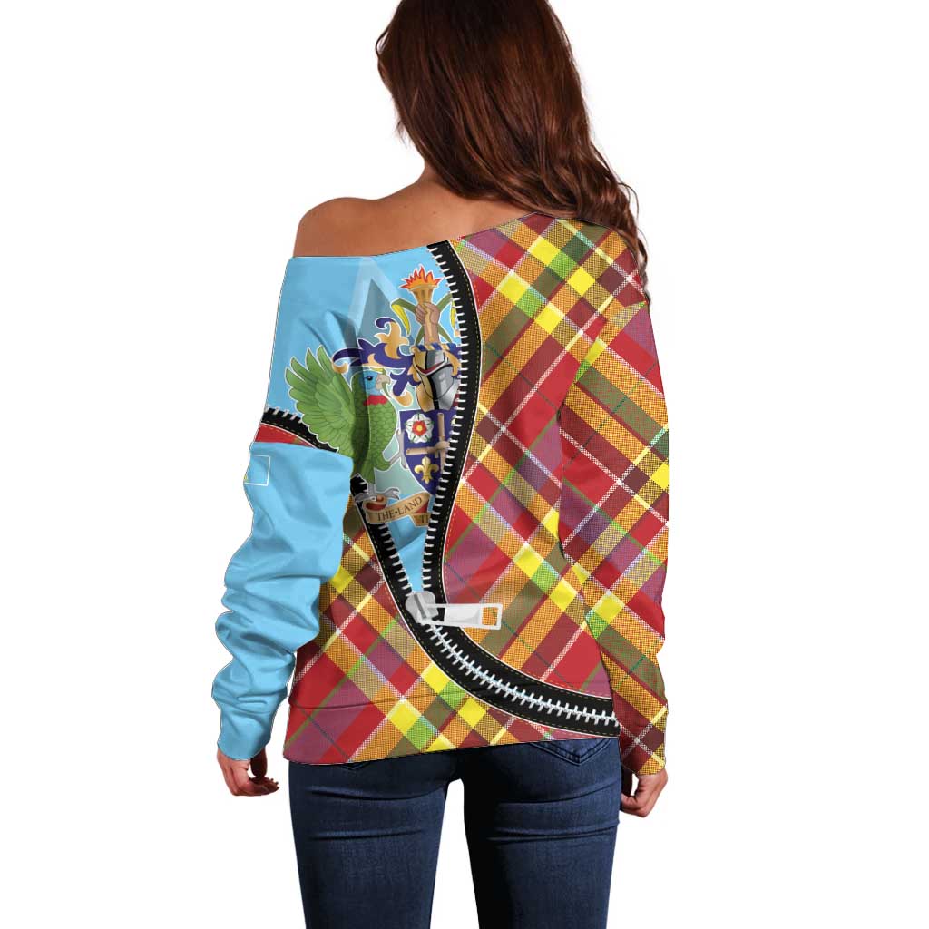 Saint Lucia Creole Day Off Shoulder Sweater Madras Pattern Zipper Stylized LT01
