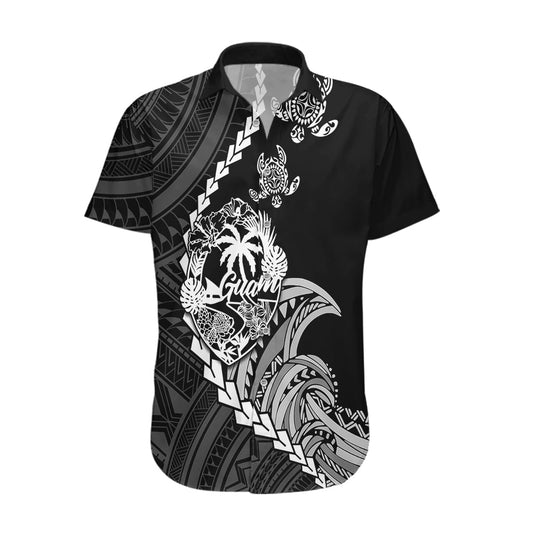 Personalised Guam Hawaiian Shirt Tribal Turtles Curves Style - Black LT7