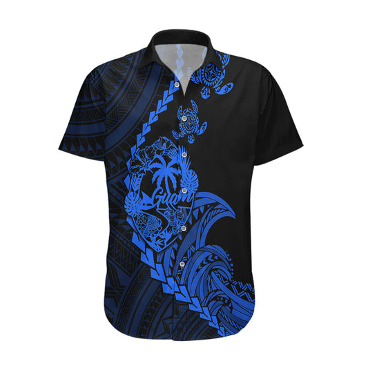Personalised Guam Hawaiian Shirt Tribal Turtles Curves Style - Blue LT7