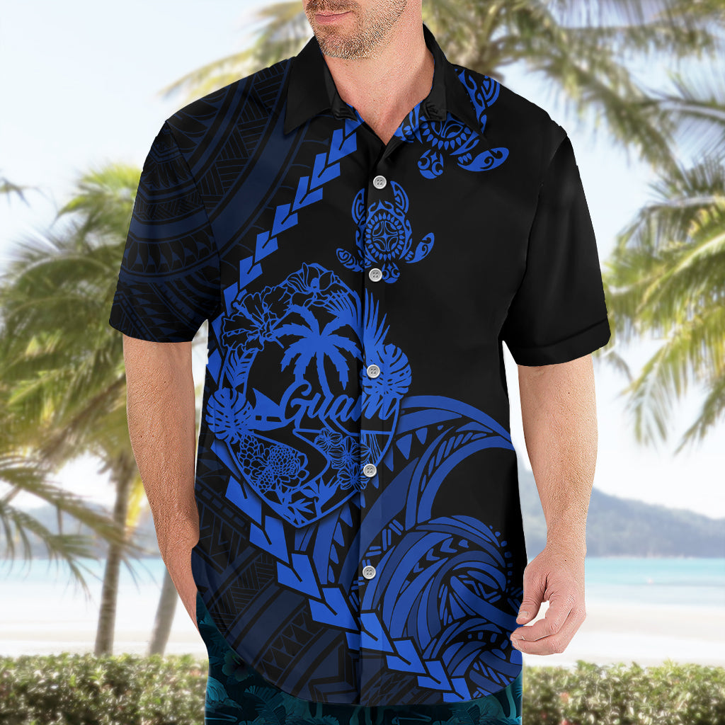Personalised Guam Hawaiian Shirt Tribal Turtles Curves Style - Blue LT7