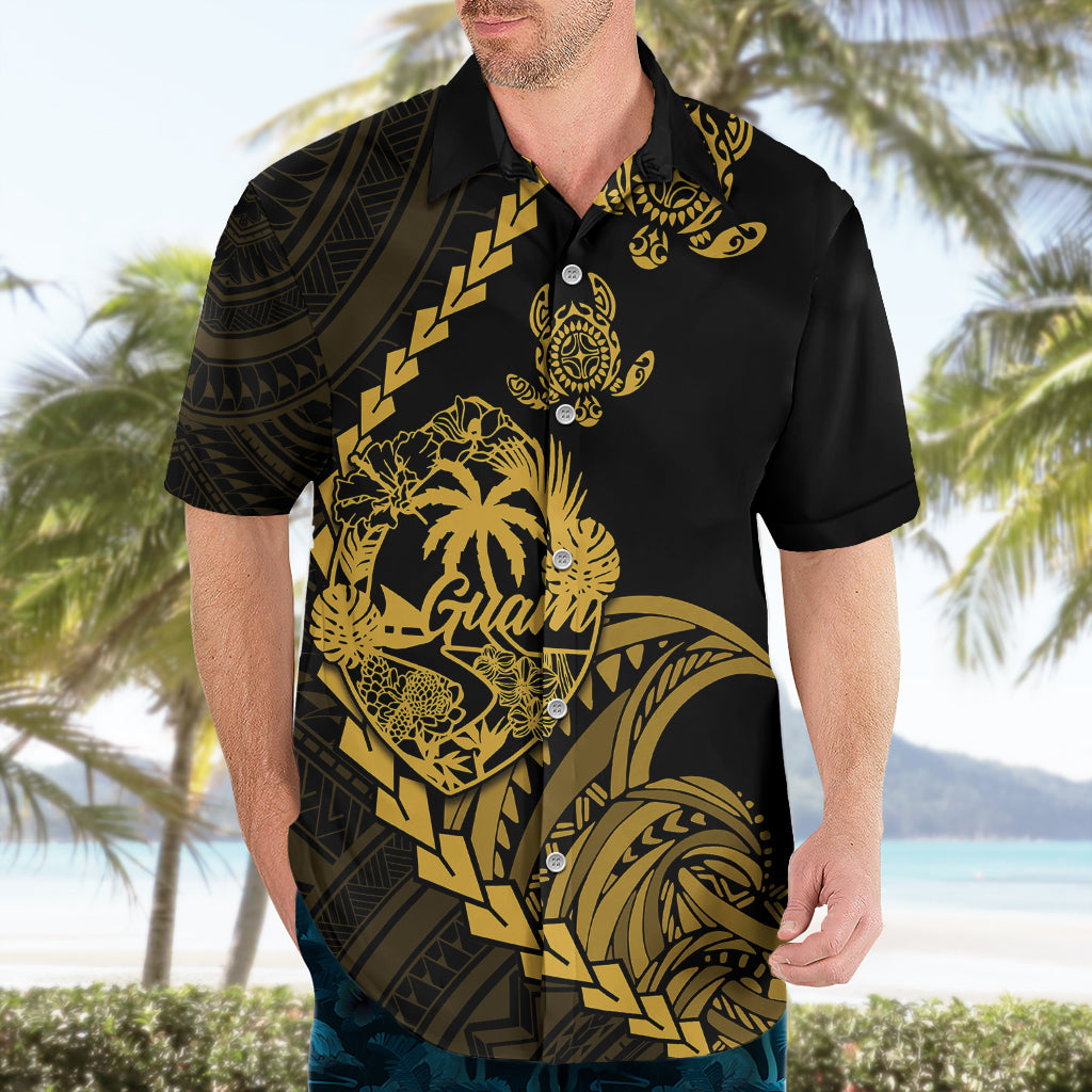 Personalised Guam Hawaiian Shirt Tribal Turtles Curves Style - Gold LT7