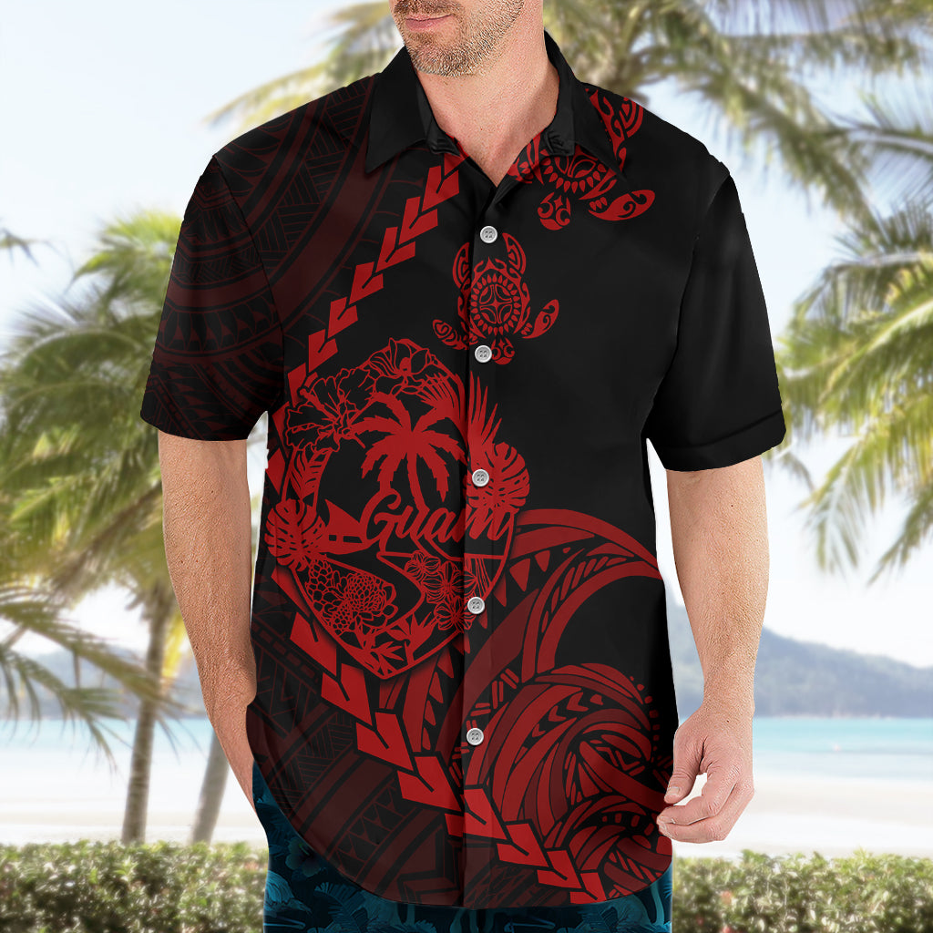 Personalised Guam Hawaiian Shirt Tribal Turtles Curves Style - Red LT7