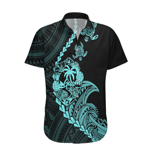Personalised Guam Hawaiian Shirt Tribal Turtles Curves Style - Turquoise LT7