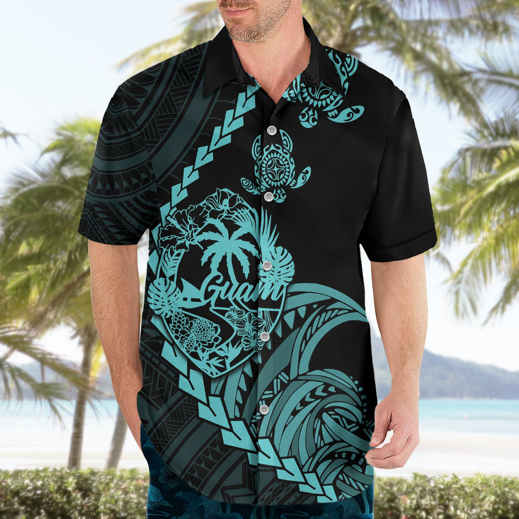 Personalised Guam Hawaiian Shirt Tribal Turtles Curves Style - Turquoise LT7