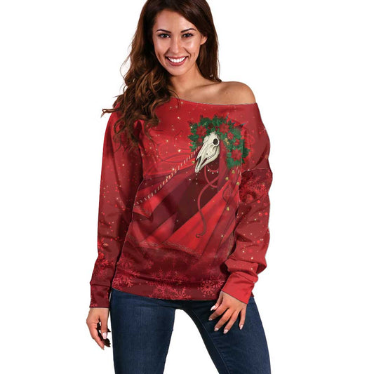 Merry Creepmas Mari Lwyd Off Shoulder Sweater Folklore Ghost Horse Christmas LT9
