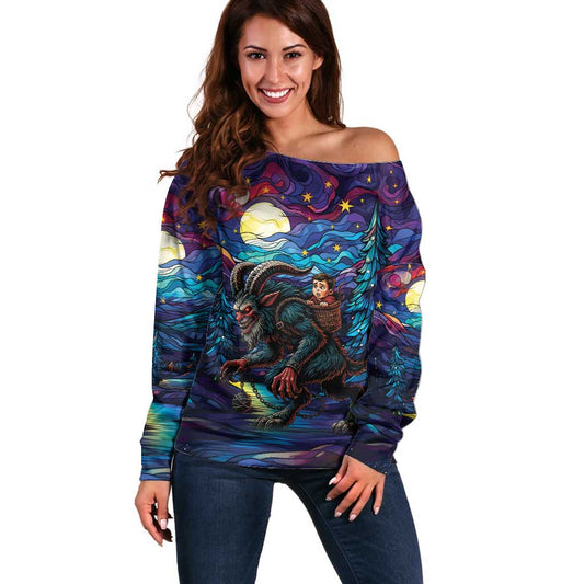 Stained Glass Krampus Off Shoulder Sweater Gothic Christmas Myth LT9