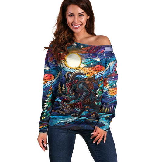 Stained Glass Krampus Off Shoulder Sweater Folklore Horror Art LT9