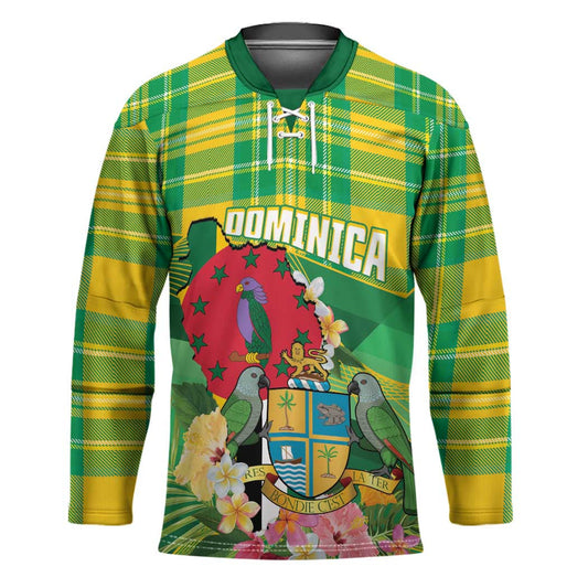 Personalized Dominica Independence Day Hockey Jersey Map With Coat Of Arms Madras Pattern LT14