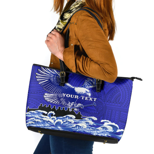 Personalised American Samoa Fautasi Race Leather Tote Bag Eagle With Polynesian Pattern LT14
