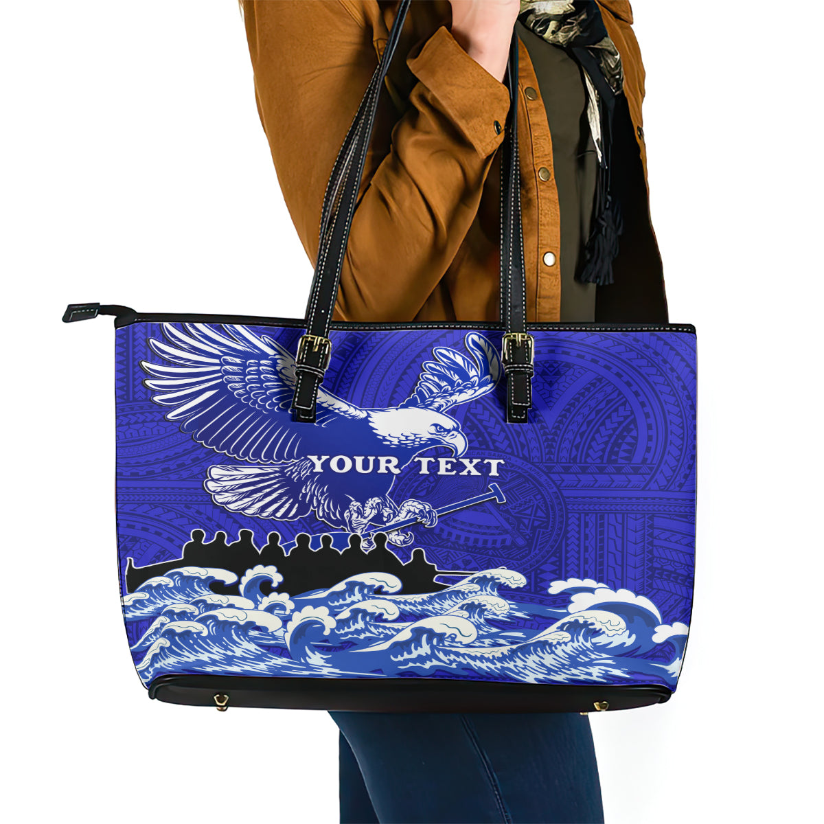 Personalised American Samoa Fautasi Race Leather Tote Bag Eagle With Polynesian Pattern LT14