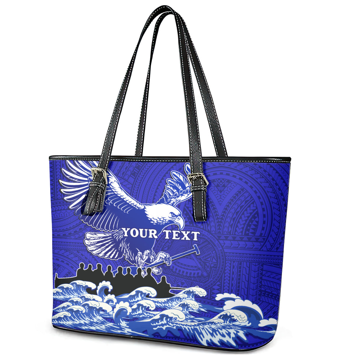 Personalised American Samoa Fautasi Race Leather Tote Bag Eagle With Polynesian Pattern LT14