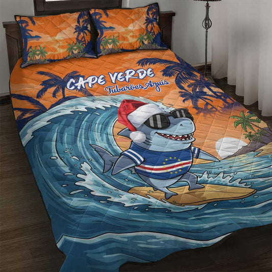Cape Verde Christmas Quilt Bed Set Shark Surfing Holiday Beach Style LT18