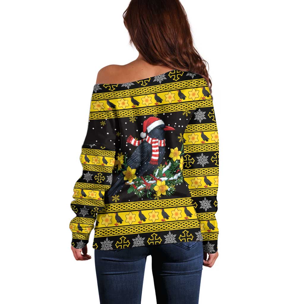 Flintshire Wales Christmas Off Shoulder Sweater Welsh Red-billed Chough with Daffodil LT19