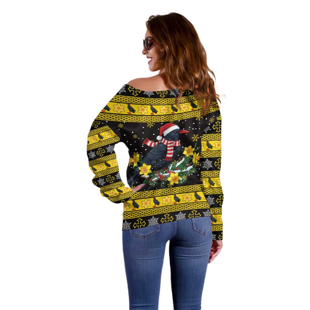 Flintshire Wales Christmas Off Shoulder Sweater Welsh Red-billed Chough with Daffodil LT19